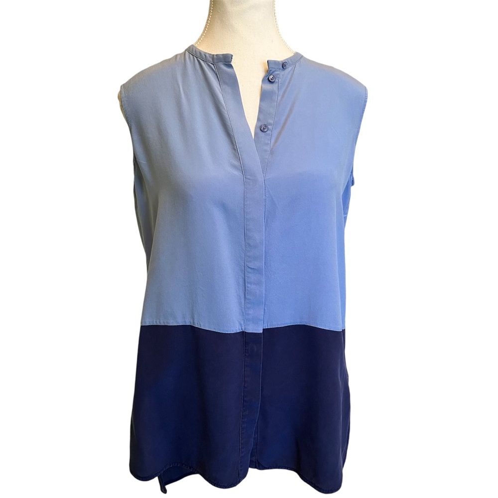 Vince Silk Colorblock Sleeveless Blouse in Blue.  SP Small Petite